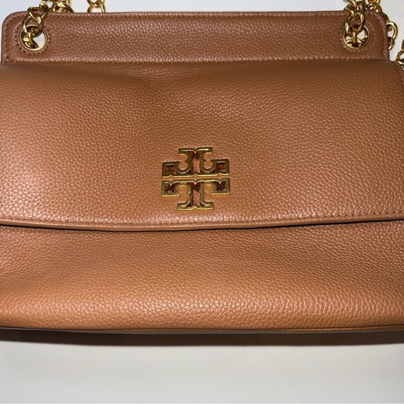 TORY BURCH Britten Flap Tan Leather Shoulder Bag Purse - Picture 7 of 13